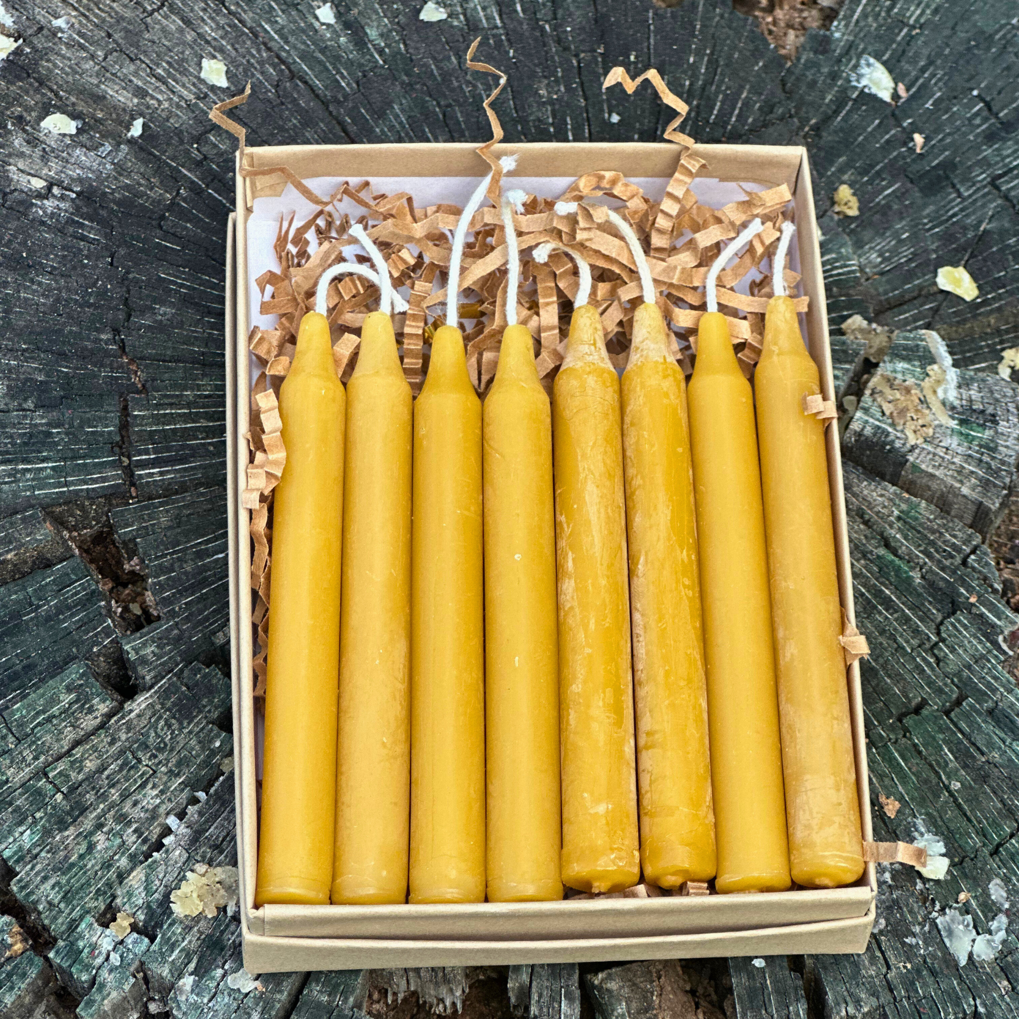 FewwEssentials pure beeswax birthday candles, set of eight handcrafted golden candles in sustainable packaging, natural lighting.