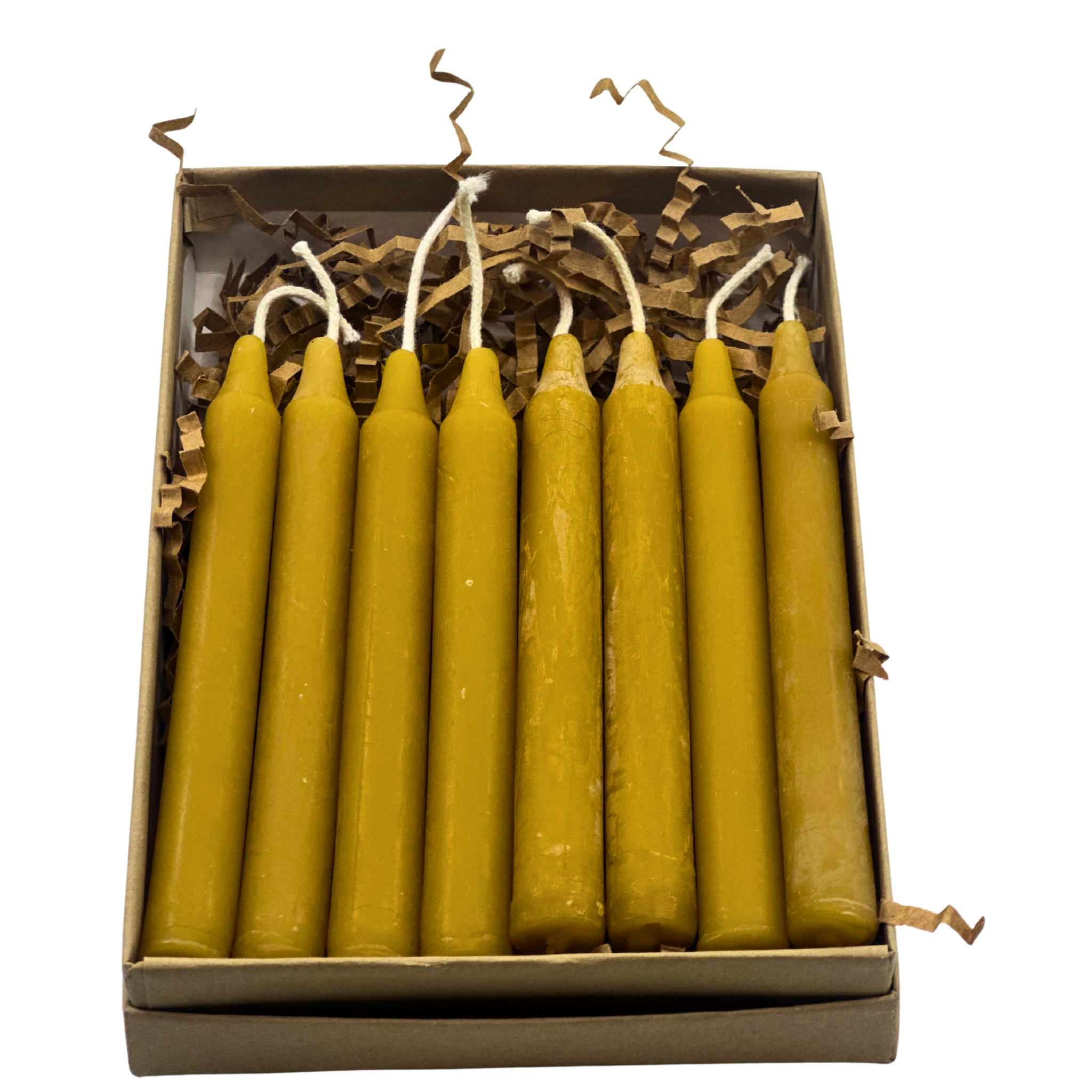 FewwEssentials pure beeswax birthday candles, 8-pack of hand-dipped golden candles in eco-friendly box with paper filler.