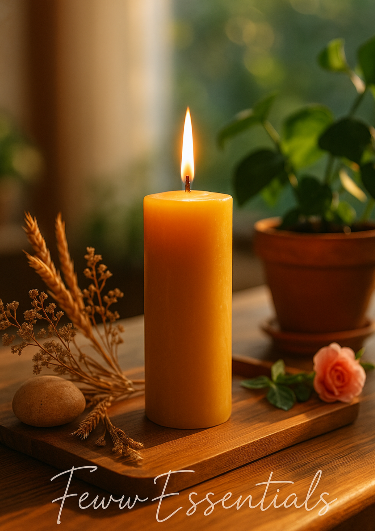 FewwEssentials 2x6 Pure Beeswax Pillar Candle | Hand-Poured, Long Burn, Natural Honey, Eco-Friendly Home & Meditation Décor