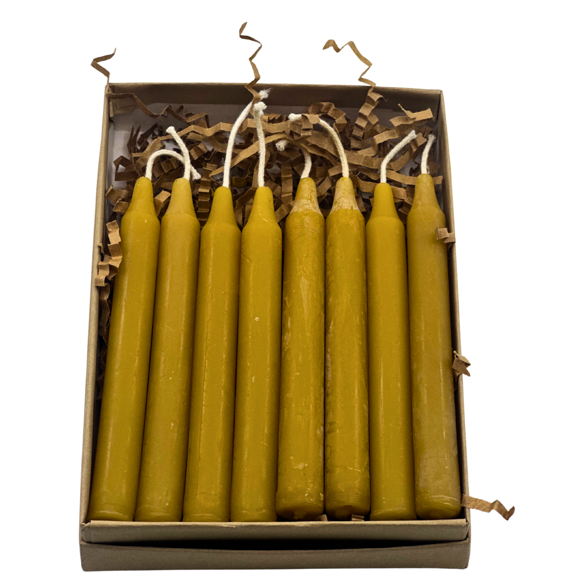 FewwEssentials pure beeswax birthday candles, 8-pack of hand-dipped golden candles in eco-friendly box with paper filler.