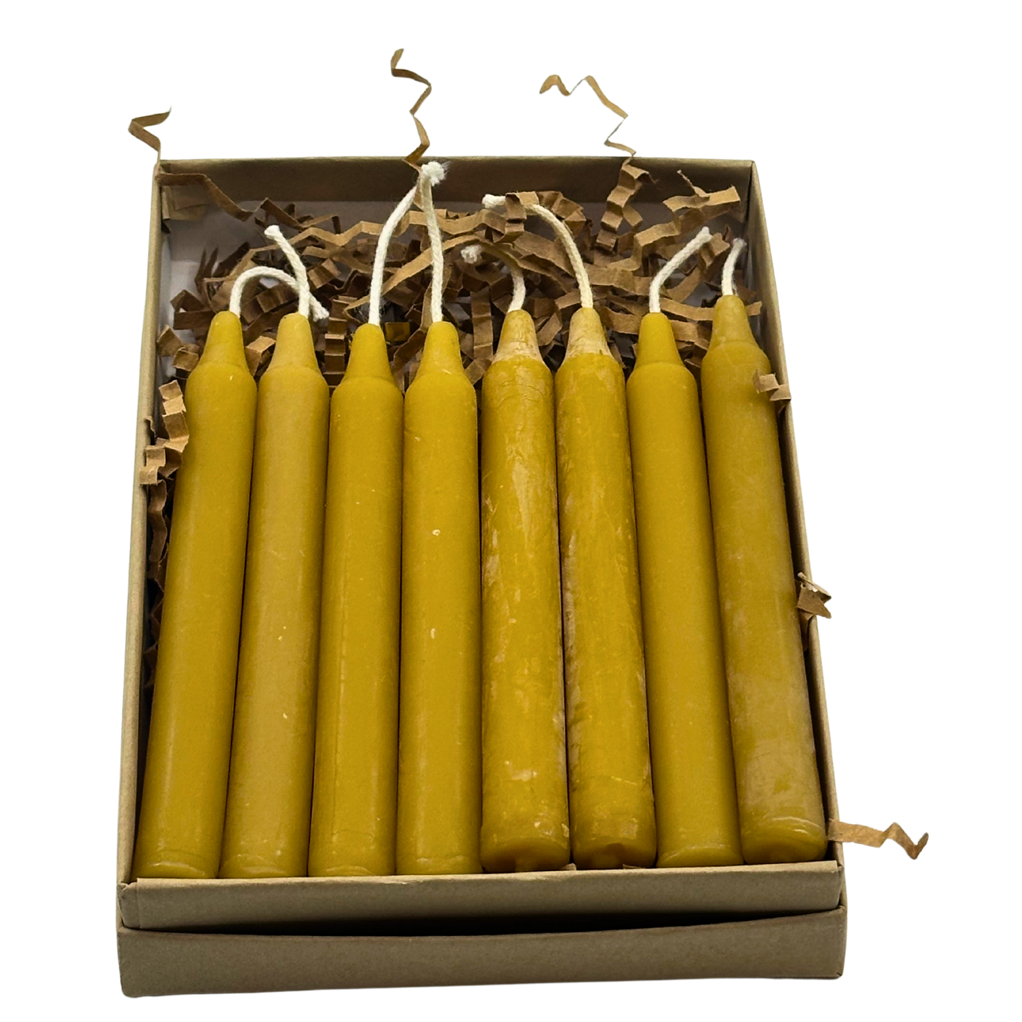 FewwEssentials pure beeswax birthday candles, 8-pack of hand-dipped golden candles in eco-friendly box with paper filler.