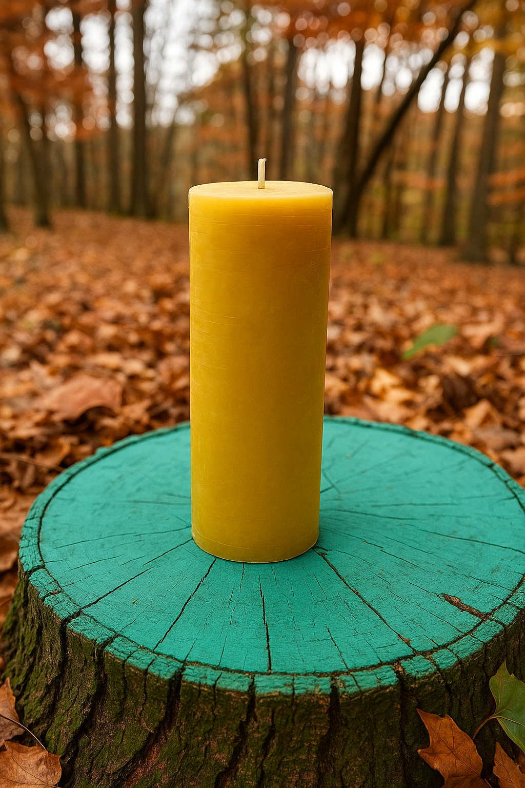 Yellow candle on a green wooden stump in a forest setting