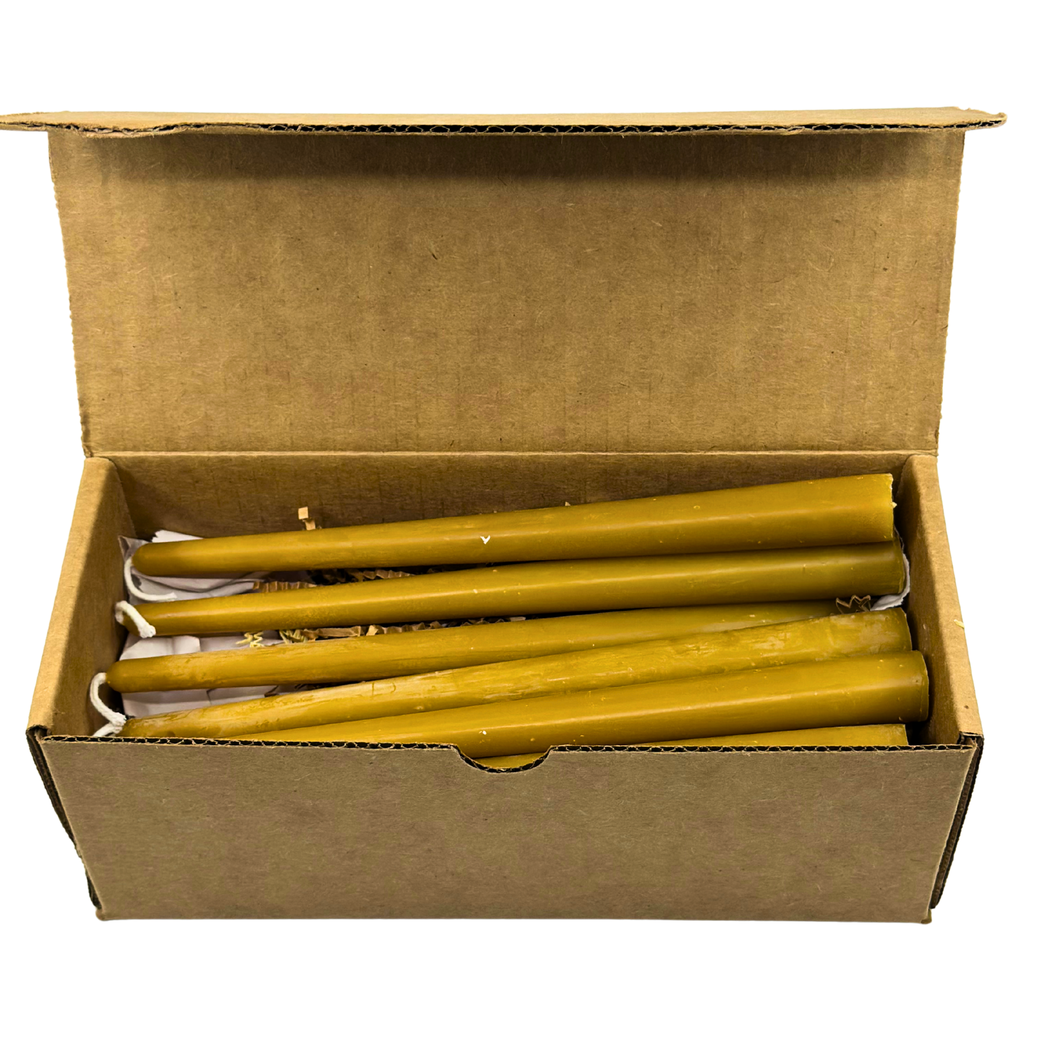 FewwEssentials 10-inch pure beeswax taper candles, 8-pack in eco-friendly kraft box, handcrafted golden candles with cotton wicks.