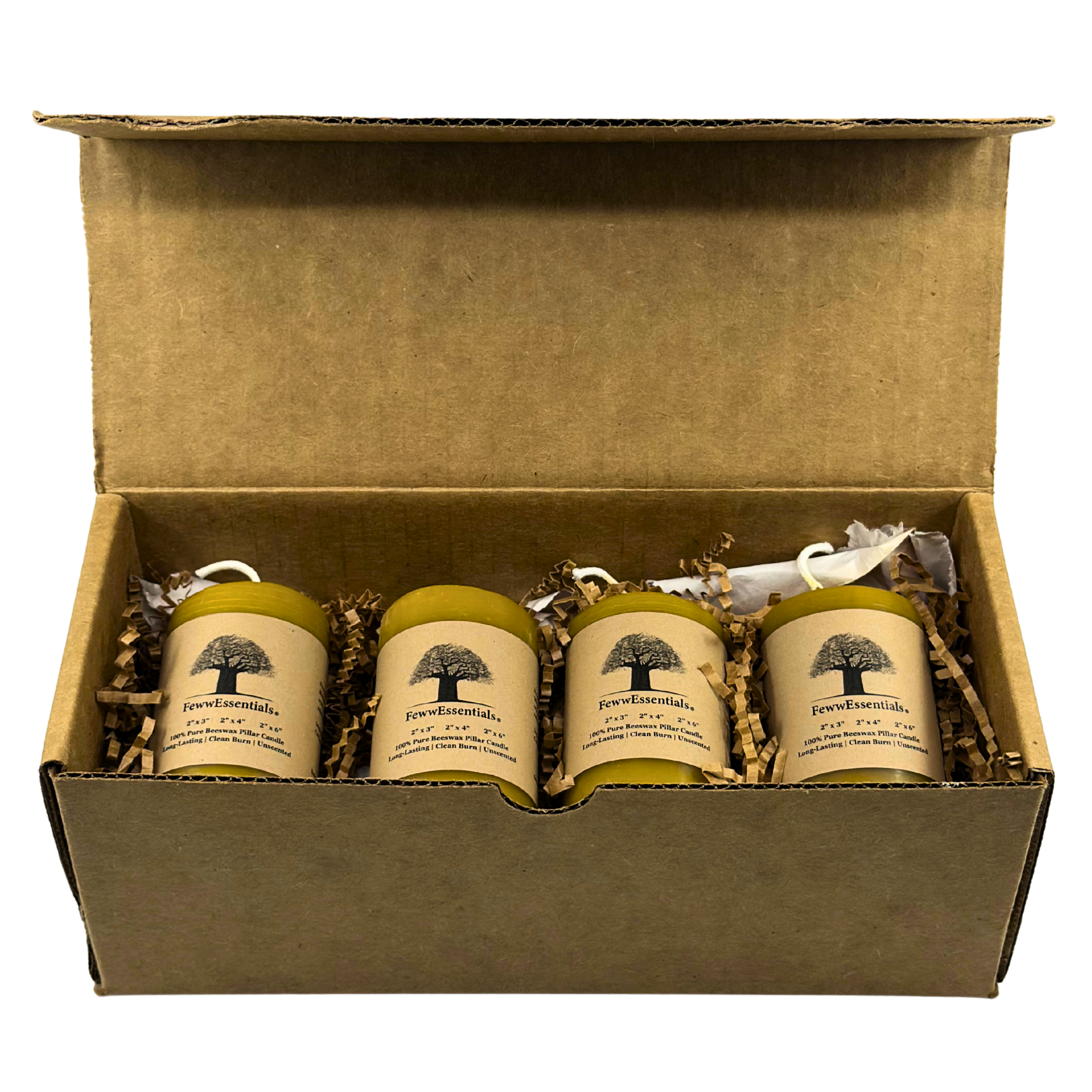 FewwEssentials 4-pack of 100% pure beeswax candles in eco-friendly packaging, handcrafted and clean-burning.