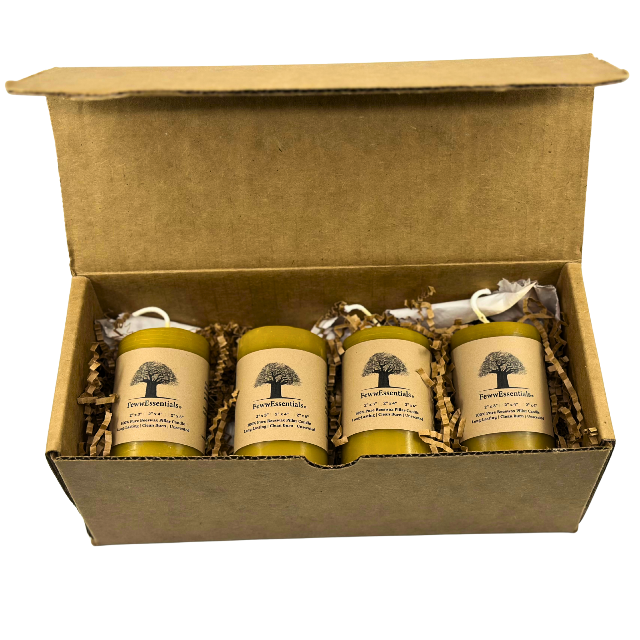 FewwEssentials 4-pack of 100% pure beeswax candles in eco-friendly packaging, handcrafted and clean-burning.