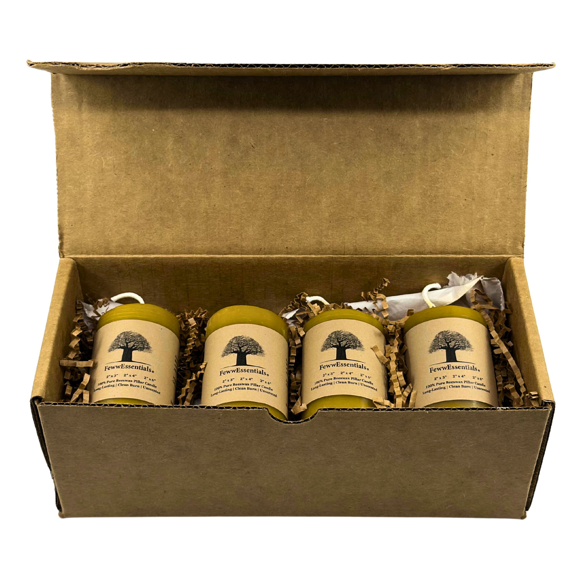 FewwEssentials 4-pack of 100% pure beeswax candles in eco-friendly packaging, handcrafted and clean-burning.