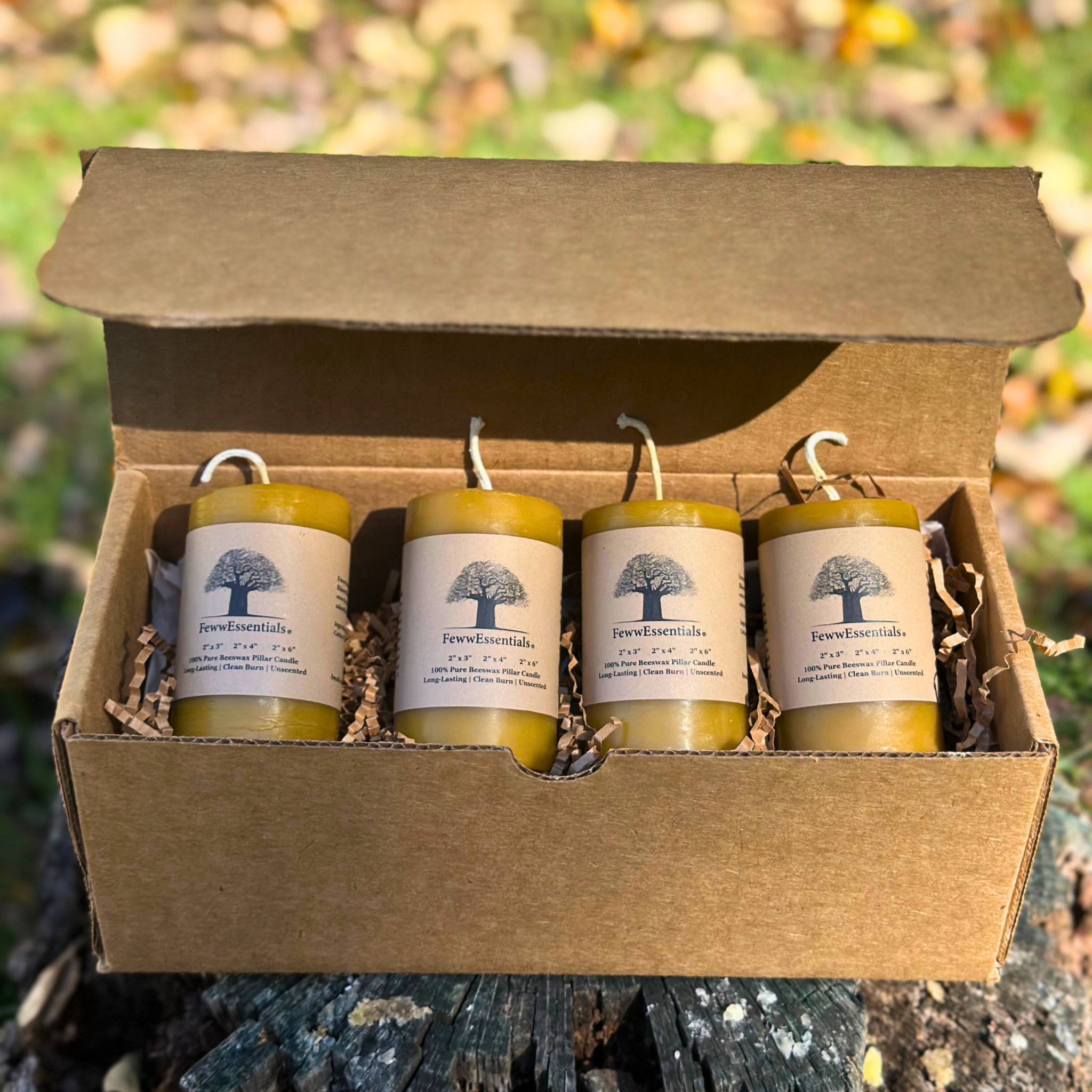 FewwEssentials 4-pack of handcrafted pure beeswax pillar candles in eco-friendly kraft box, natural golden candles on rustic outdoor background.