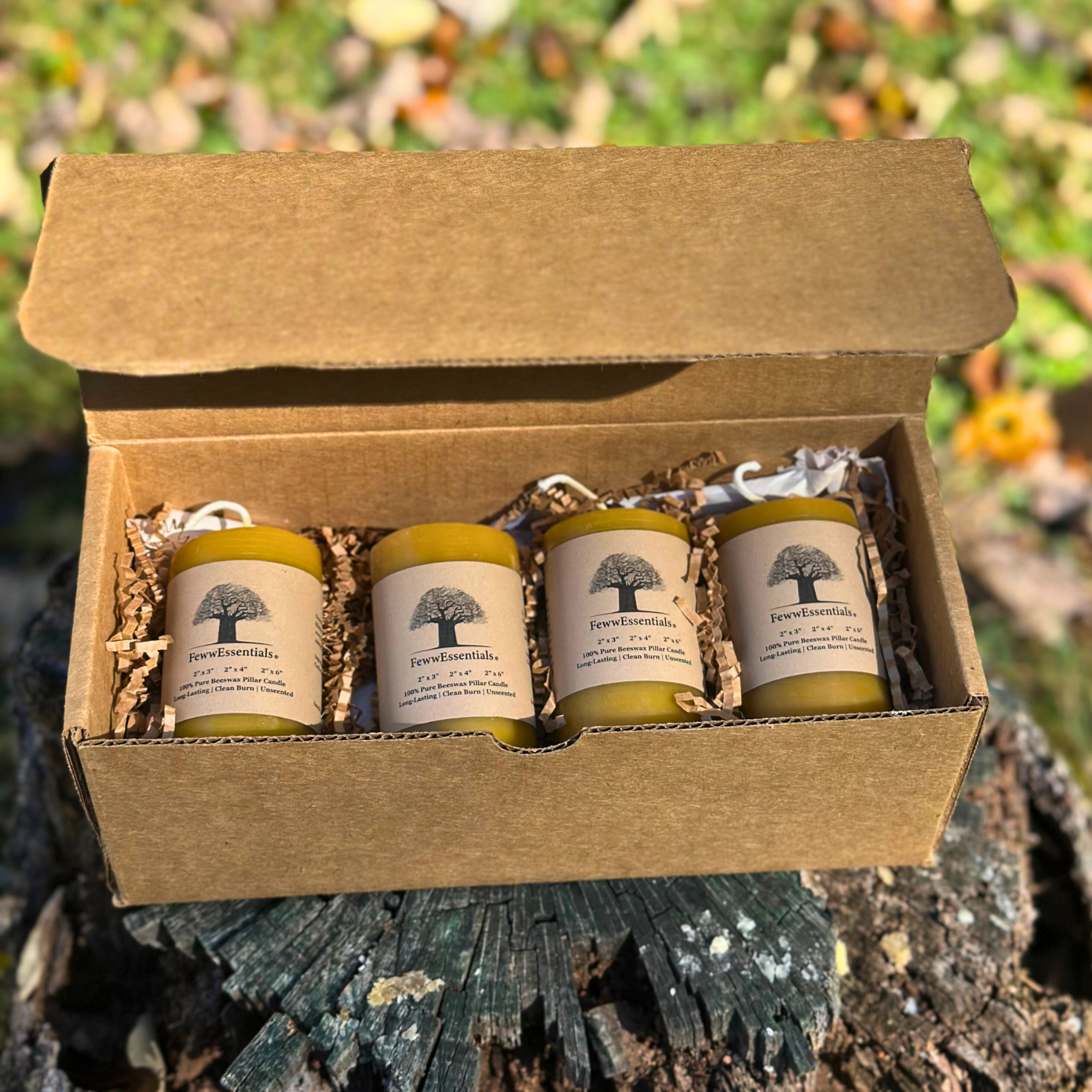 FewwEssentials 4-pack of handcrafted pure beeswax pillar candles in eco-friendly kraft box, natural golden candles on rustic outdoor background.
