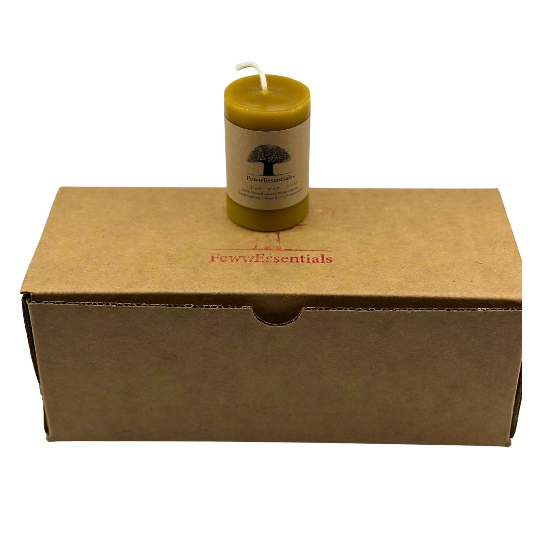 FewwEssentials pure beeswax pillar candle on eco-friendly kraft gift box, handmade natural candle.