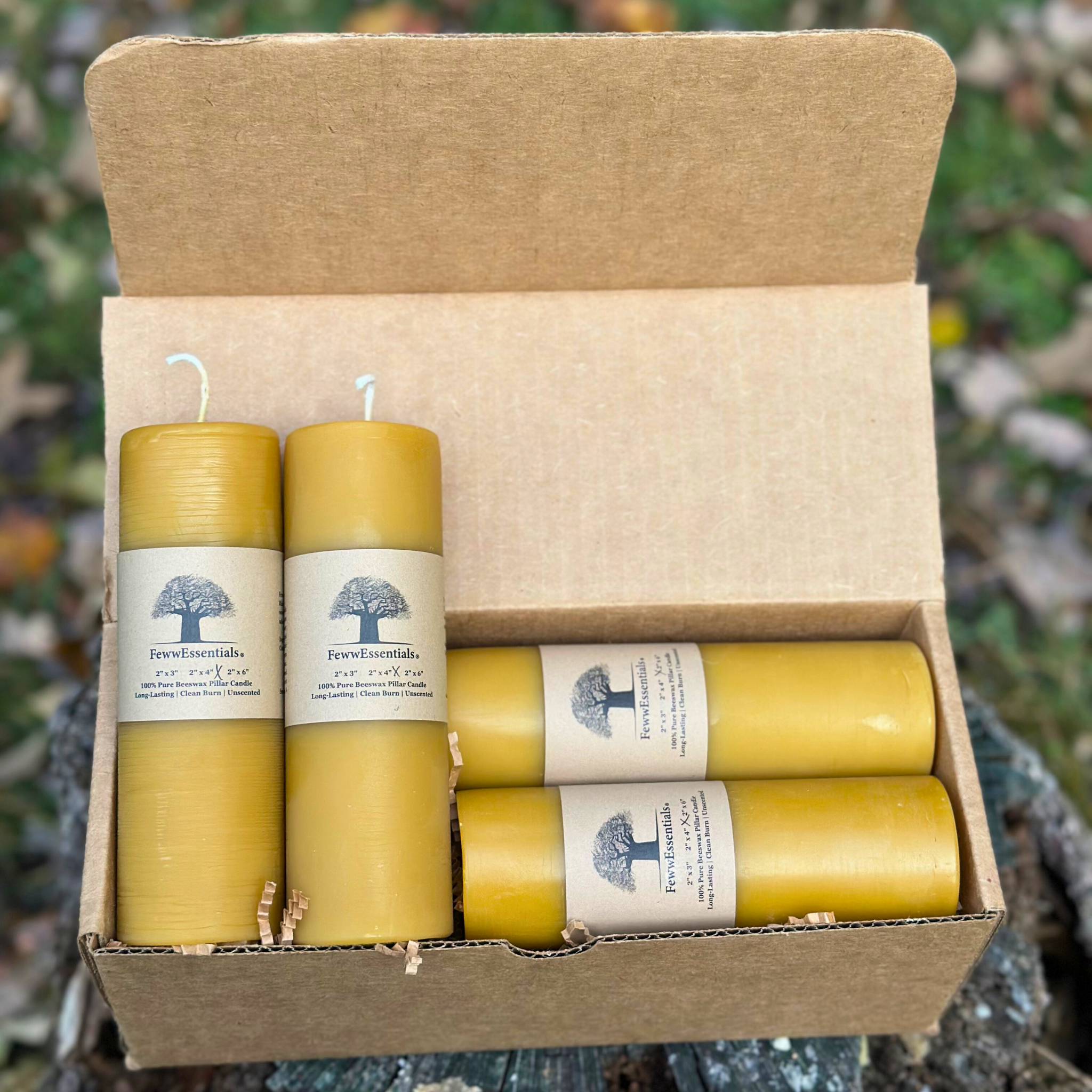 FewwEssentials 4-pack 2x6 pure beeswax candles with clean burn, handmade natural candles in recyclable packaging.