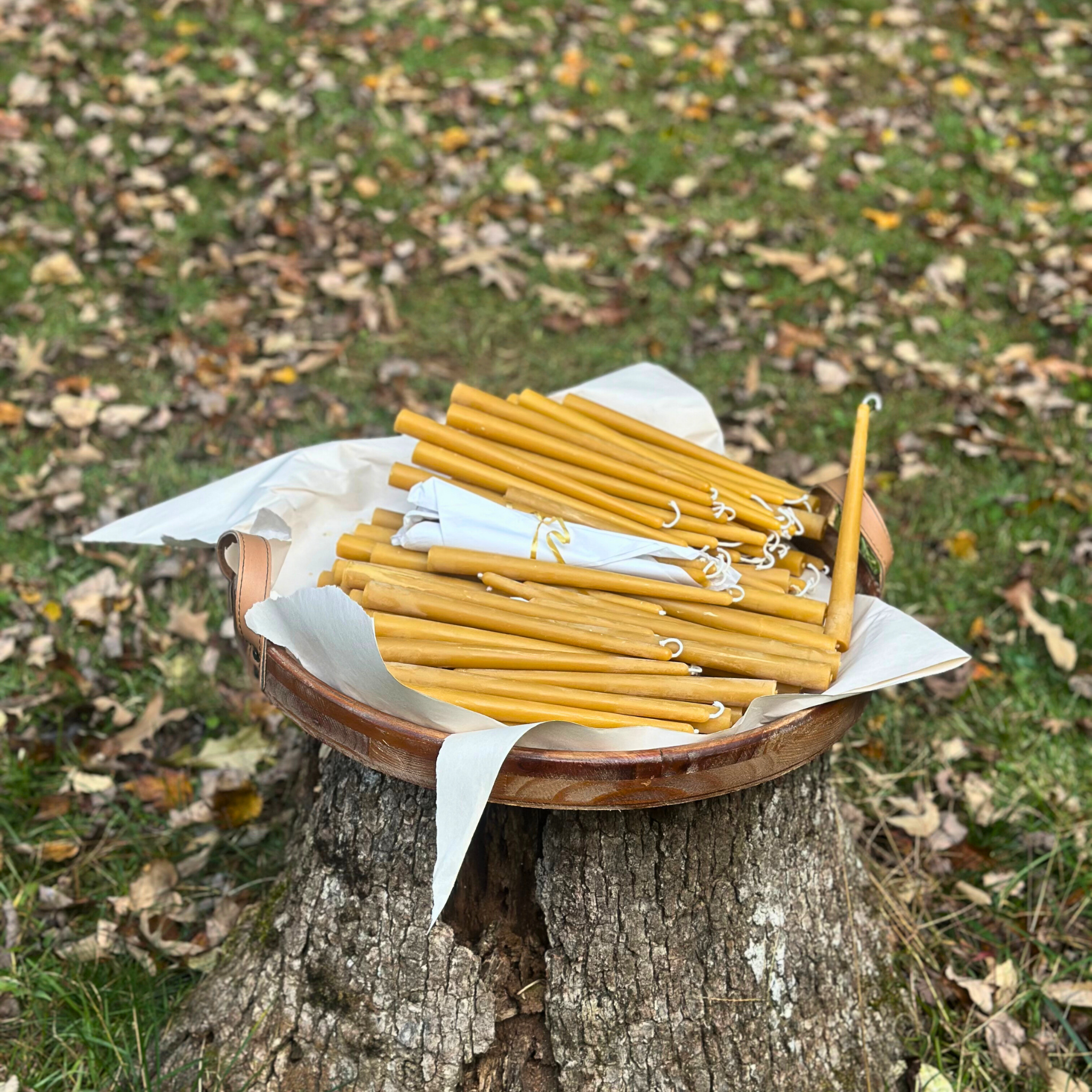 FewwEssentials hand-dipped pure beeswax candles with cotton wicks, natural golden color, displayed outdoors.
