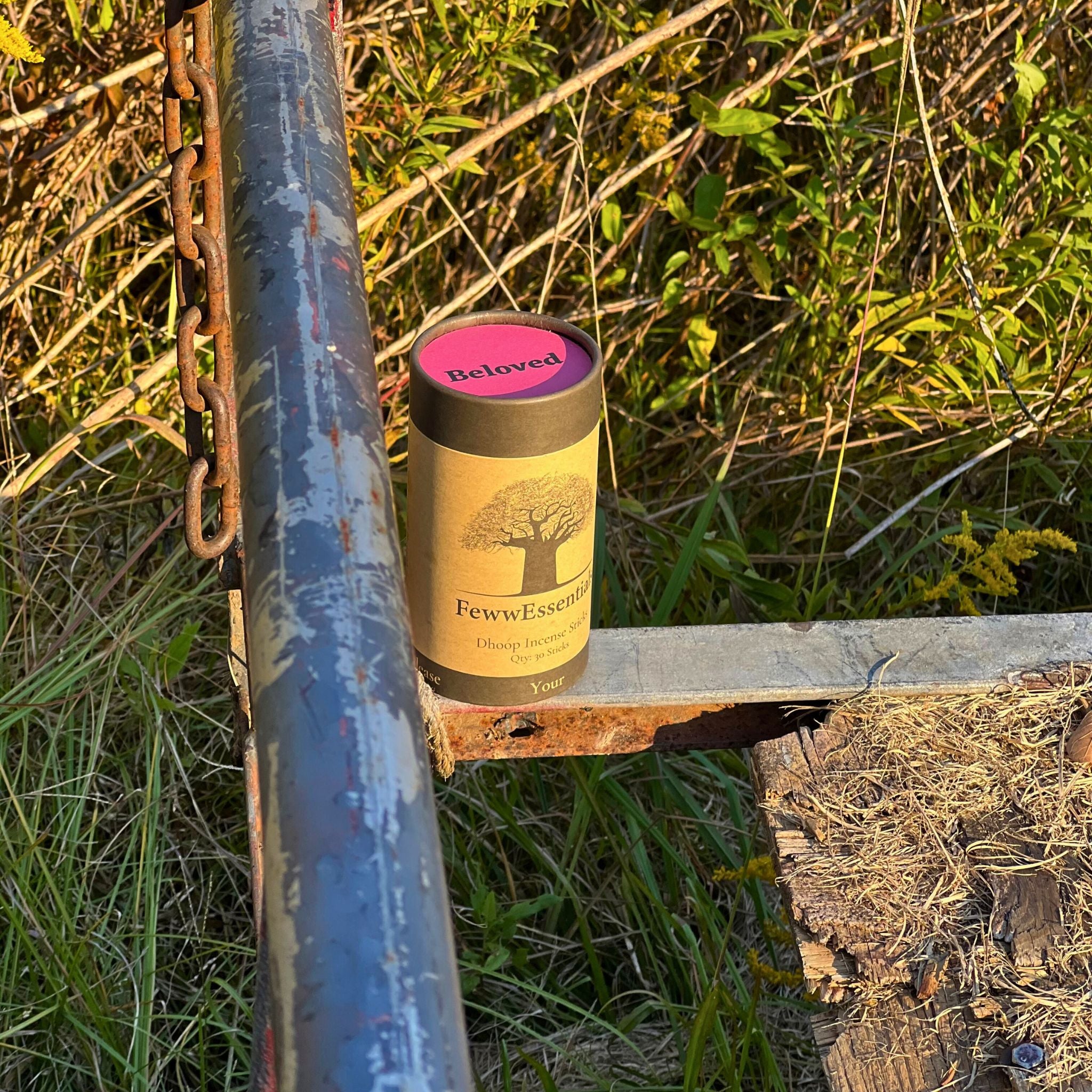 FewwEssentials Dhoop Incense Sticks labeled Beloved placed next to a weathered gate with lush greenery around.