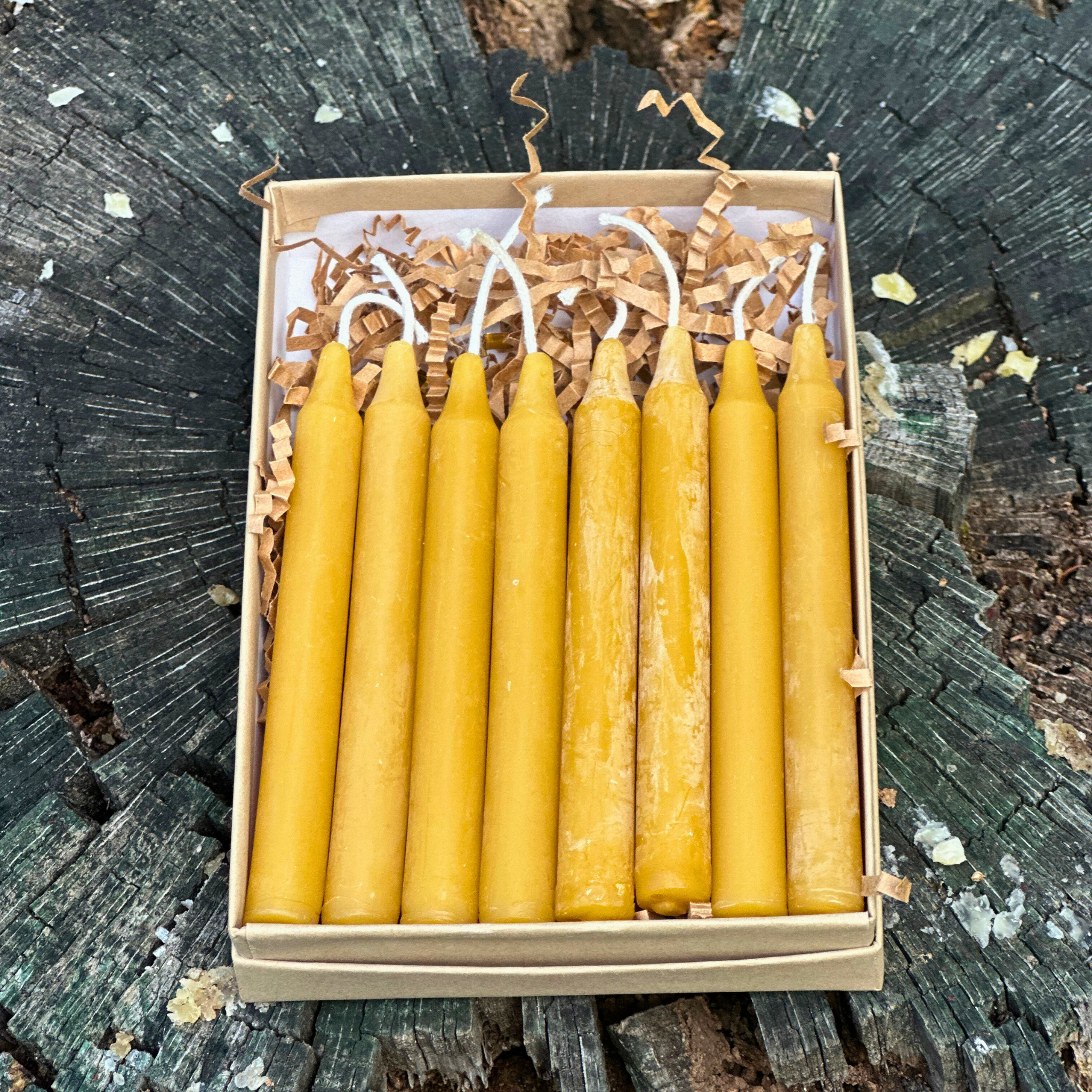 FewwEssentials pure beeswax birthday candles, set of eight handcrafted golden candles in sustainable packaging, natural lighting.