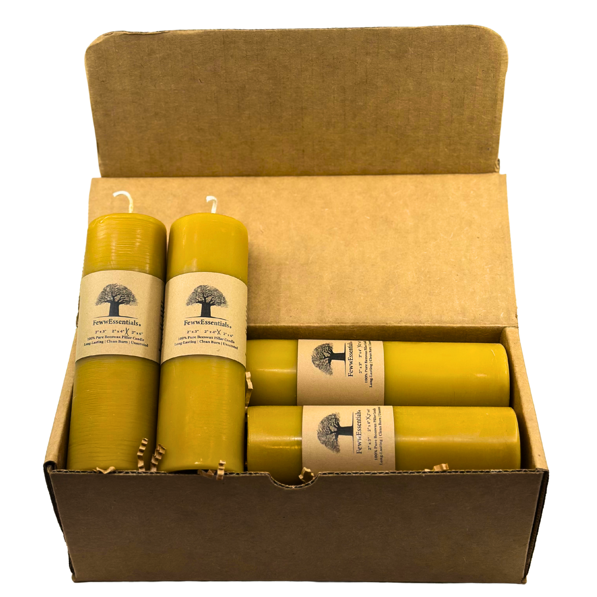 FewwEssentials 2x6 pure beeswax pillar candles, 4-pack gift box on white background, eco-friendly handcrafted candles.