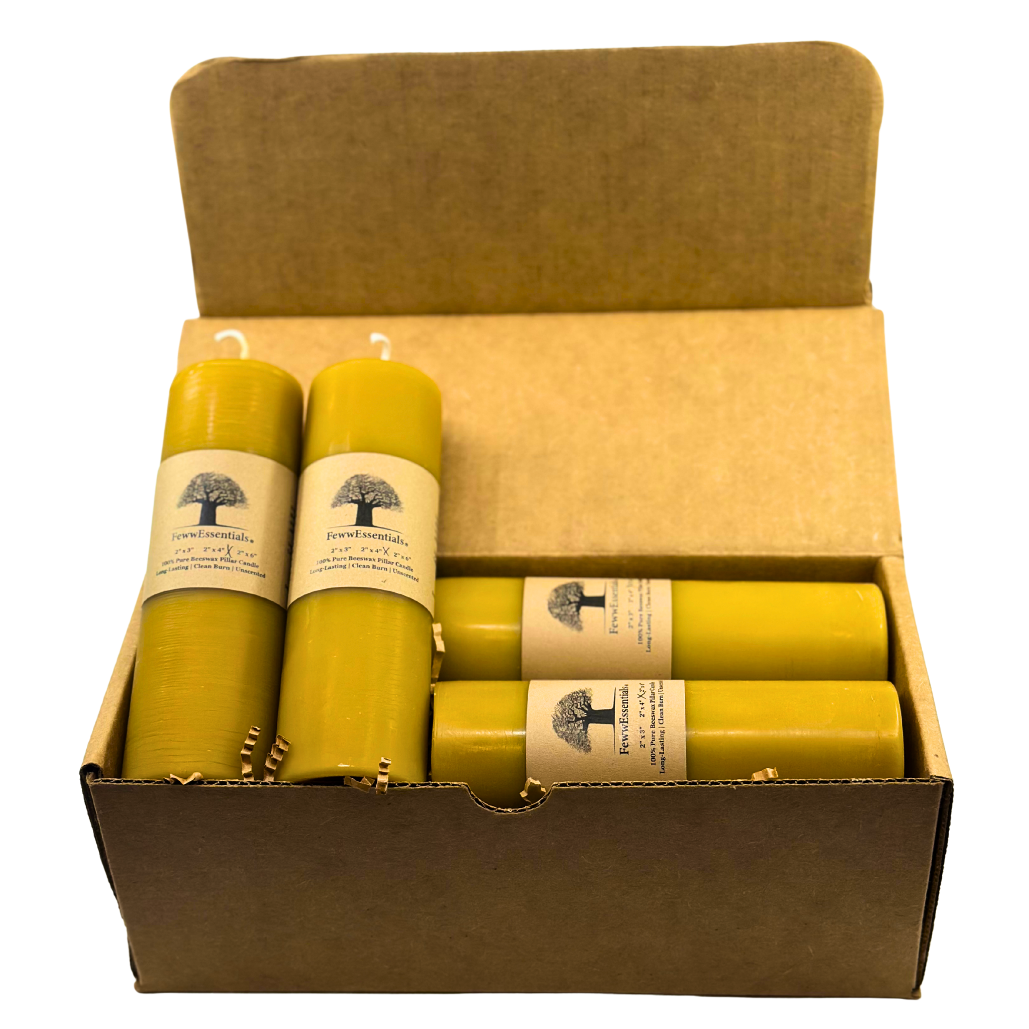 FewwEssentials 4-pack of 2x6 handcrafted beeswax candles, natural golden pillars in kraft box, clean-burning and sustainable.