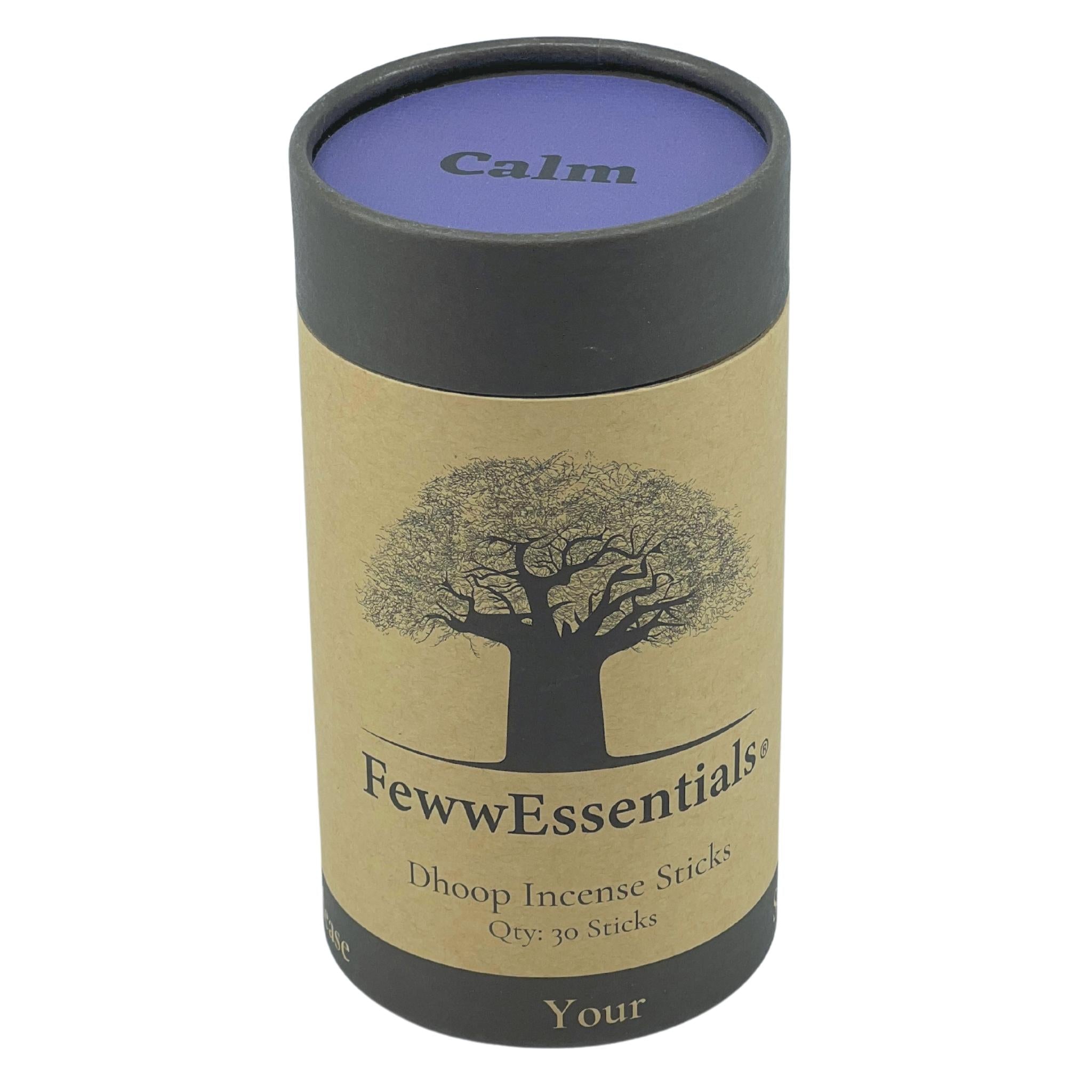 Image of FewwEssentials Dhoop Incense Sticks with the scent name Calm in a Circular Kraft Brown Box with Purple Lid
