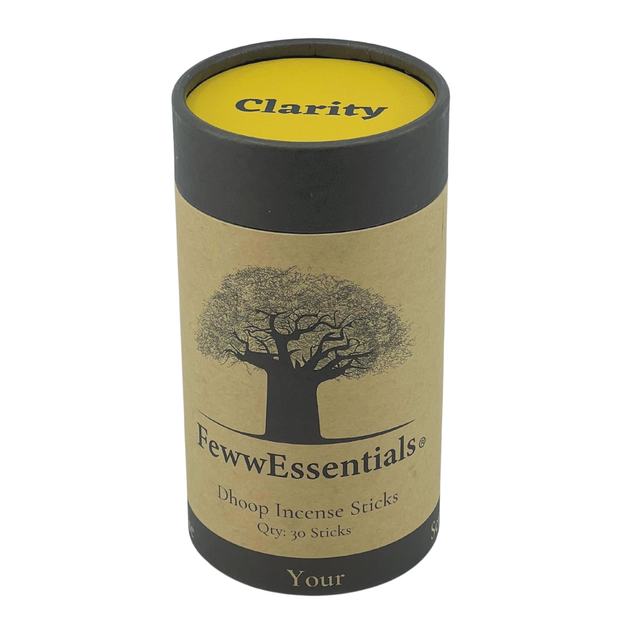Image of FewwEssentials Dhoop Incense Sticks with the scent name Clarity in a Circular Kraft Brown Box with Yellow Lid