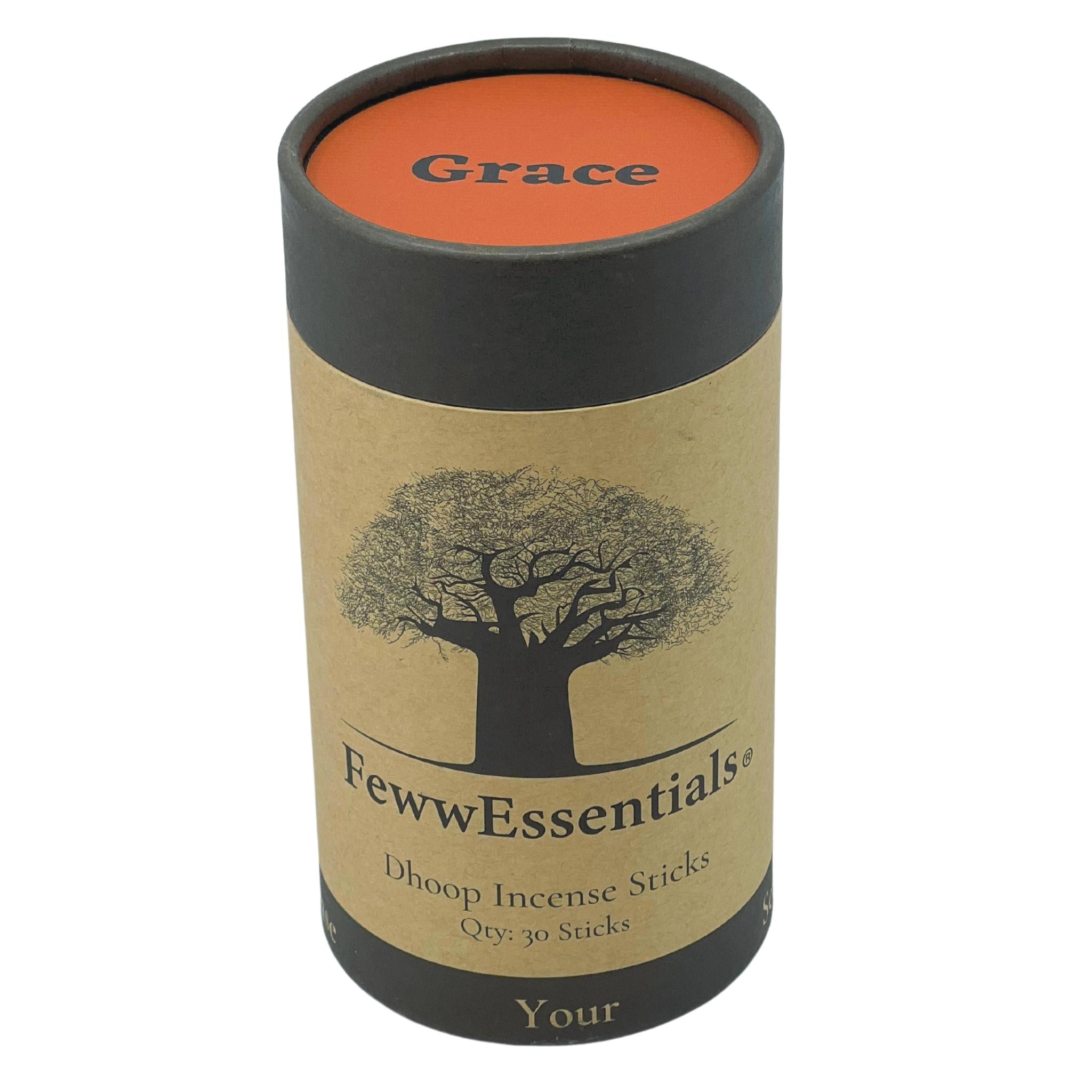 Image of FewwEssentials Dhoop Incense Sticks with the scent name Grace in a Circular Kraft Brown Box with Orange Lid