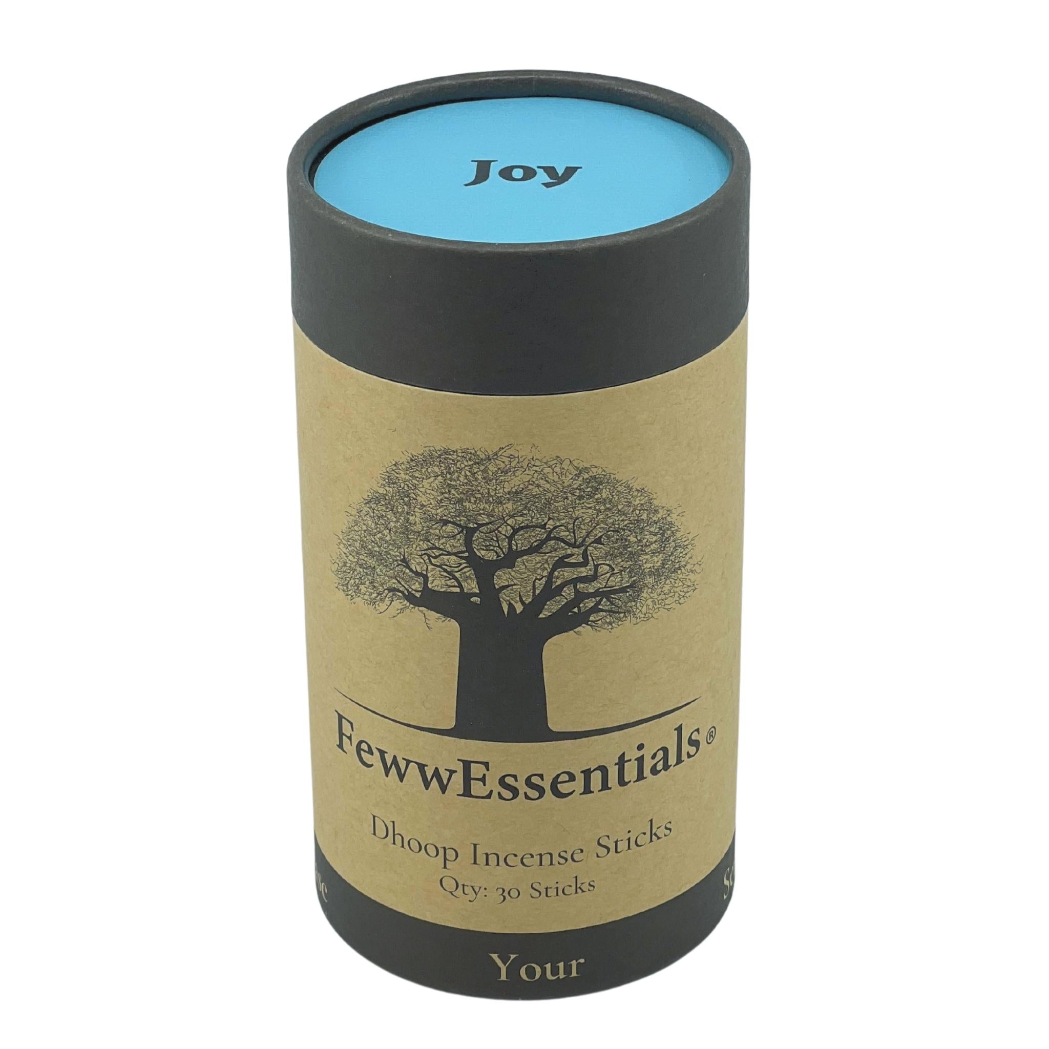 Image of FewwEssentials Dhoop Incense Sticks with the scent name Joy in a Circular Kraft Brown Box with Sky Blue Lid