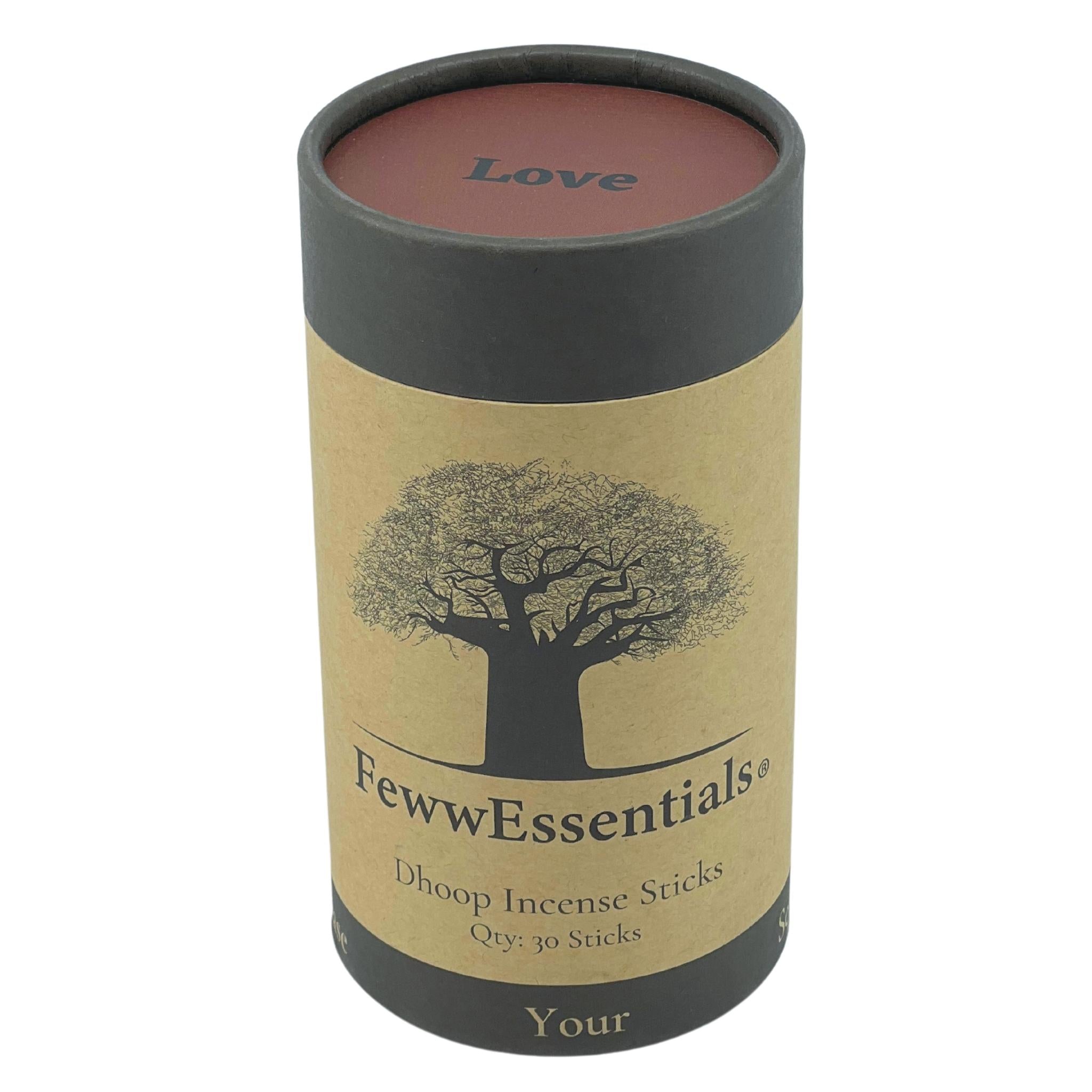 Image of FewwEssentials Dhoop Incense Sticks with the scent name Love in a Circular Kraft Brown Box with Maroon Lid