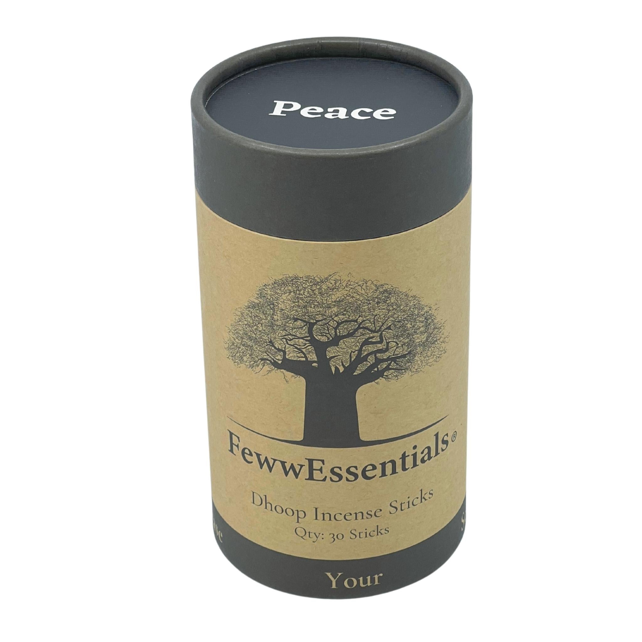 Image of FewwEssentials Dhoop Incense Sticks with the scent name Peace in a Circular Kraft Brown Box with Black Lid